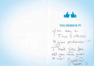 blue thank you card from a patient named Taylor