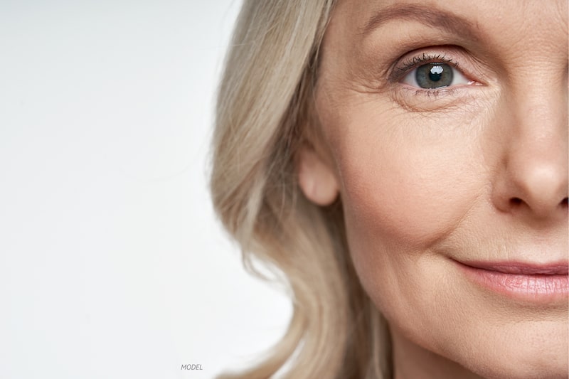 Close-up image showing middle-aged woman's eye and cheek