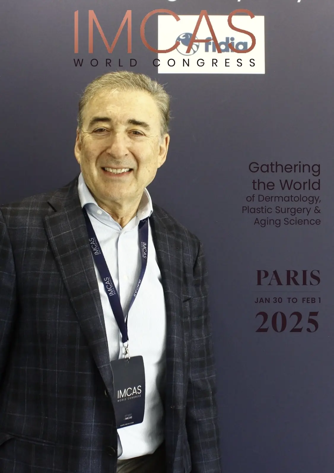Dr Boris M Ackerman MD wearing conference badge and lanyard at IMCAS Congress Paris 2025 medical event