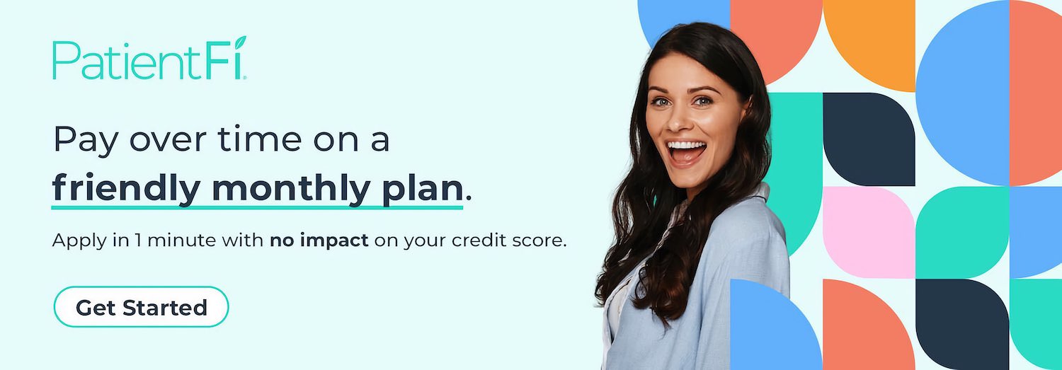 PatientFi friendly monthly payment plan option with smiling woman and colorful geometric background