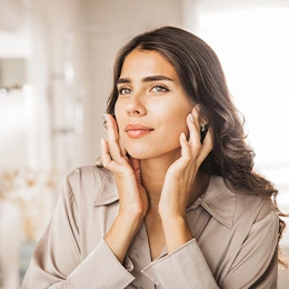 Woman with glowing skin gently touching her face while wearing beige shirt in natural light - Skin boosters in Newport Beach, CA