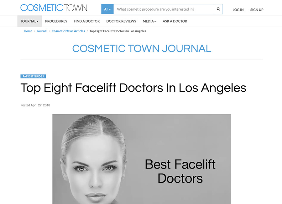 Top eight facelift doctors in Los Angeles featured in Cosmetic Town Journal with best facelift doctors heading
