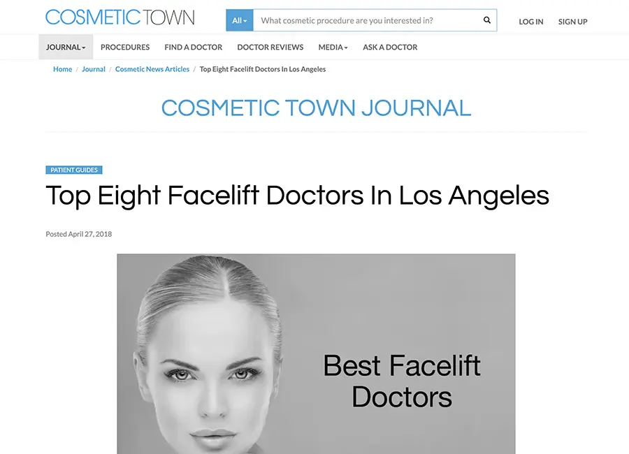 Top eight facelift doctors in Los Angeles featured in Cosmetic Town Journal with best facelift doctors graphic