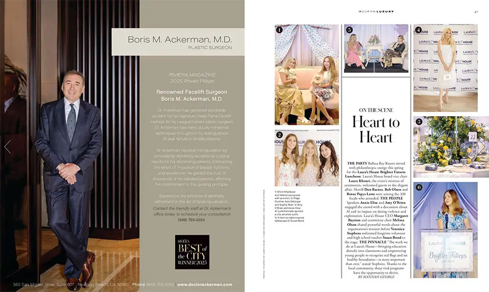 Boris M Ackerman MD media features showing magazine spreads, professional photos, and press coverage of luxury events