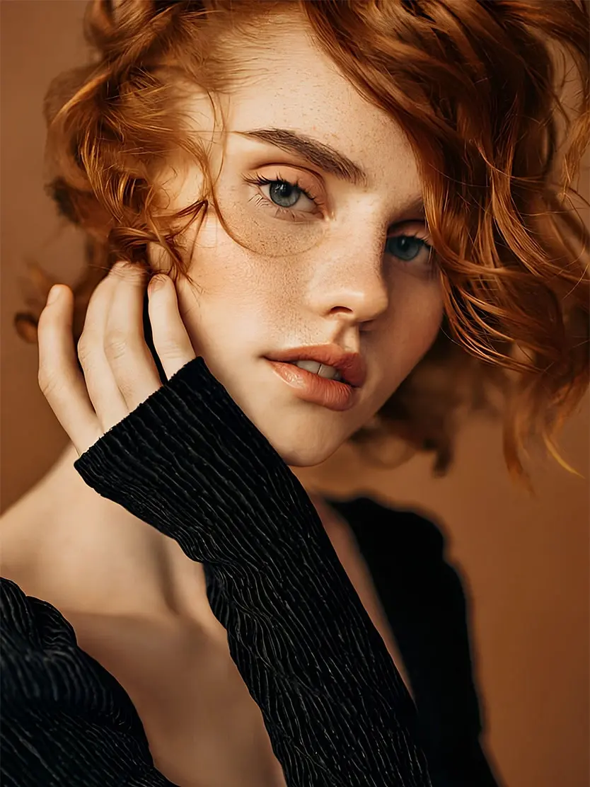Woman with natural beauty and curly red hair touching face, showcasing lips and facial features - Lip filler In Newport Beach, CA