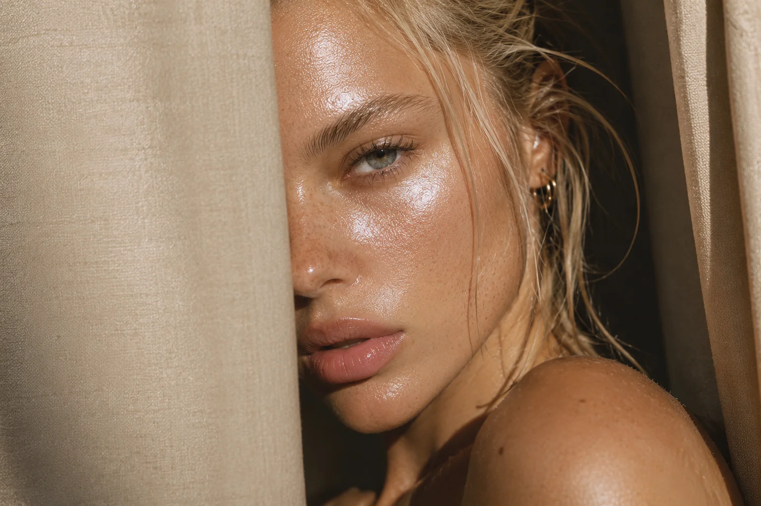 Glowing skin beauty portrait of blonde woman with dewy makeup and natural luminous complexion - Microneedling in Newport Beach, CA