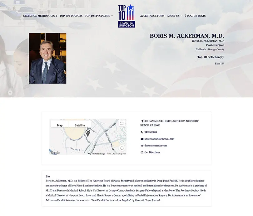 Dr. Boris Ackerman profile page with photo, contact information, and location map for Manhattan medical practice