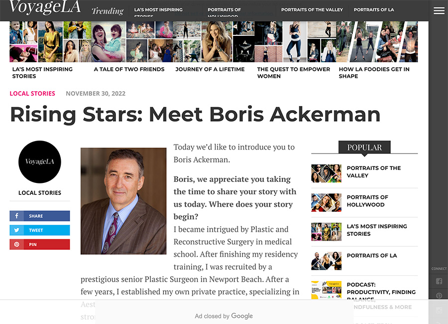 Rising Stars interview featuring Boris Ackerman on Voyage LA magazine website with headshot and article text